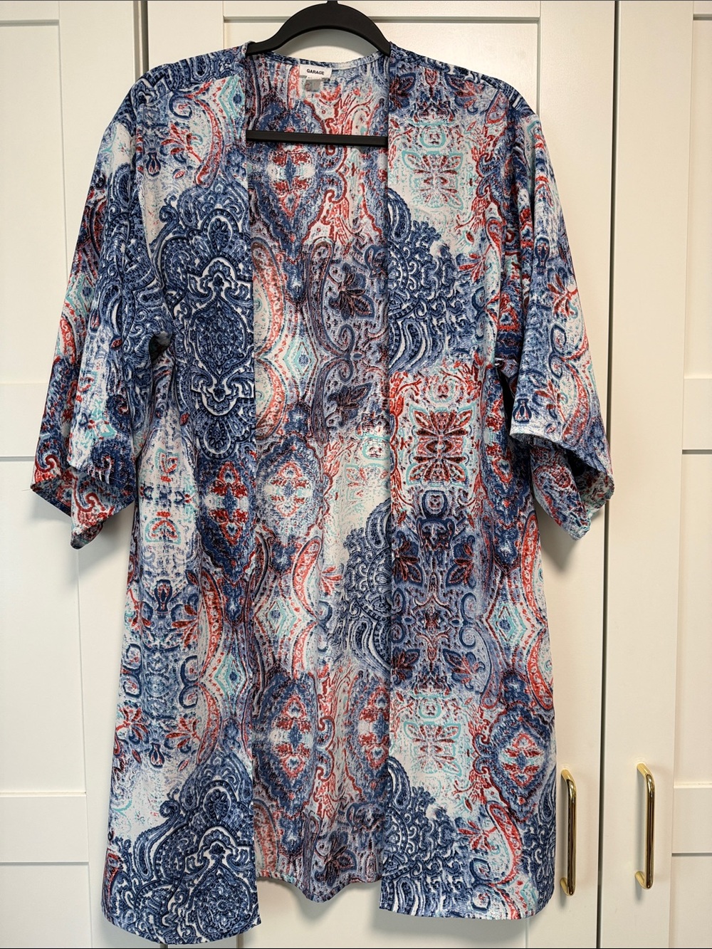 Garage Blue Mint Red Paisley Open-Front Kimono
